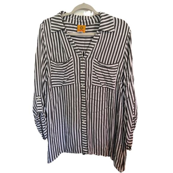 Ruby Rd Women’s 1X Top Striped Long Sleeve Roll Tab Sleeves Button Up - Picture 1 of 10